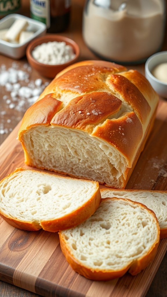 A loaf of homemade sandwich bread sliced on a cutting board, showcasing its fluffy texture.
